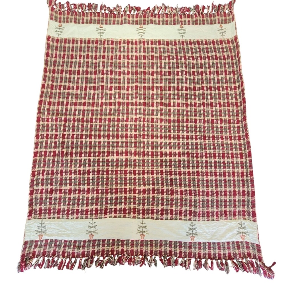 Homespun Plaid Table Cloth Cover Fringe Embroidered Christmas Tree IHF India